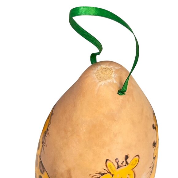 Gourd Art Giraffe Hand Painted Ornament Green Ribbon 5 images signed 4.5 inches - Picture 5 of 7